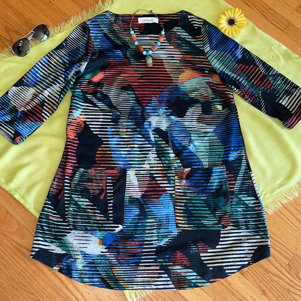 🌺 VIRTUELLE; Beautiful Exotic Watercolor Design Tunic-Style Dress Fits Sz. S/M!